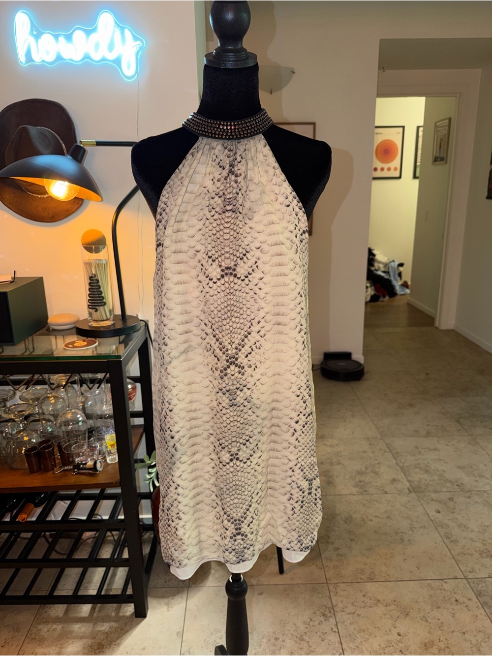 Haute Hippie Snake-Print Halter Mini Dress in Cream and Gray